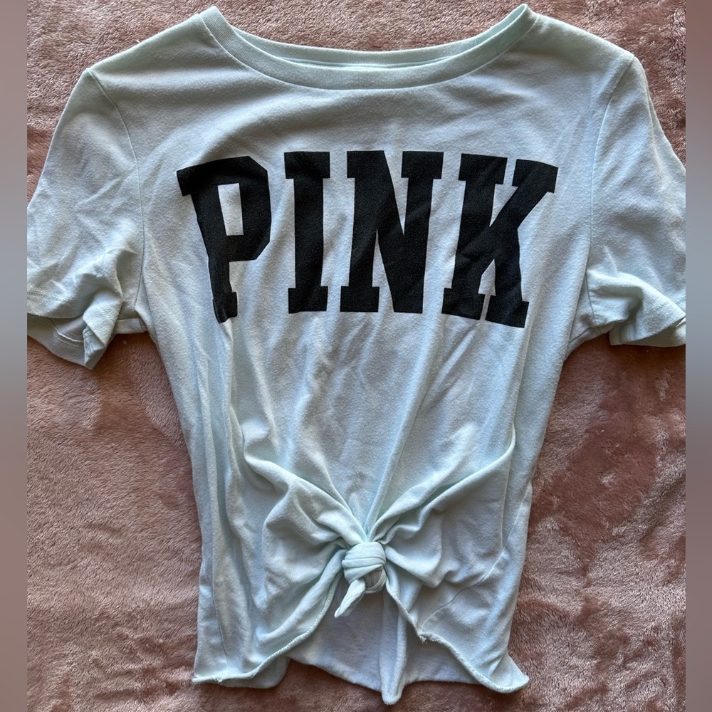 PINK light blue light weight knot crop top logo